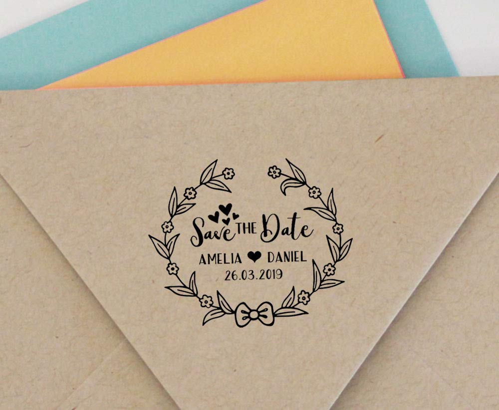 Custom Self-Inking Round Rubber Stamp - Personalized Floral Wreath Design for Save The Date, Wedding Invitations & DIY Crafts | Perfect Gift Idea for Brides & Stationery Lovers