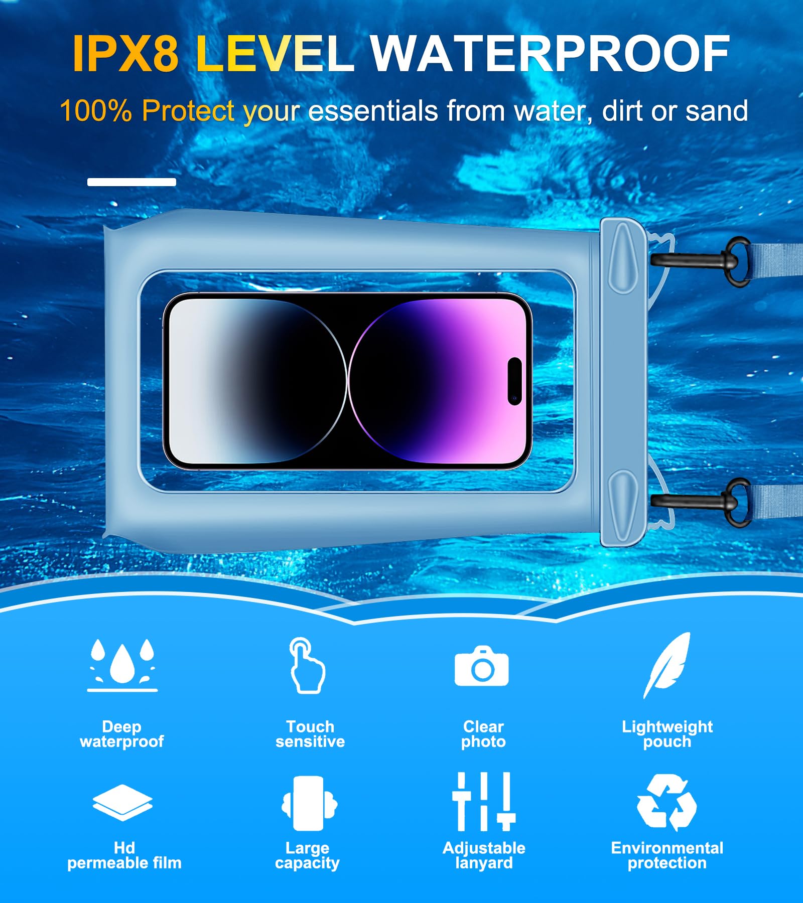 Universal Waterproof Phone Pouch - Floating Dry Bag for iPhone 15/14/13/12/11 Pro Max/XS/XR/X & Samsung Galaxy S24/S23/S22/S21 FE Ultra - Underwater Case with Lanyard (Blue) - Perfect for Swimming, Beach Vacations, Kayaking and Water Sports