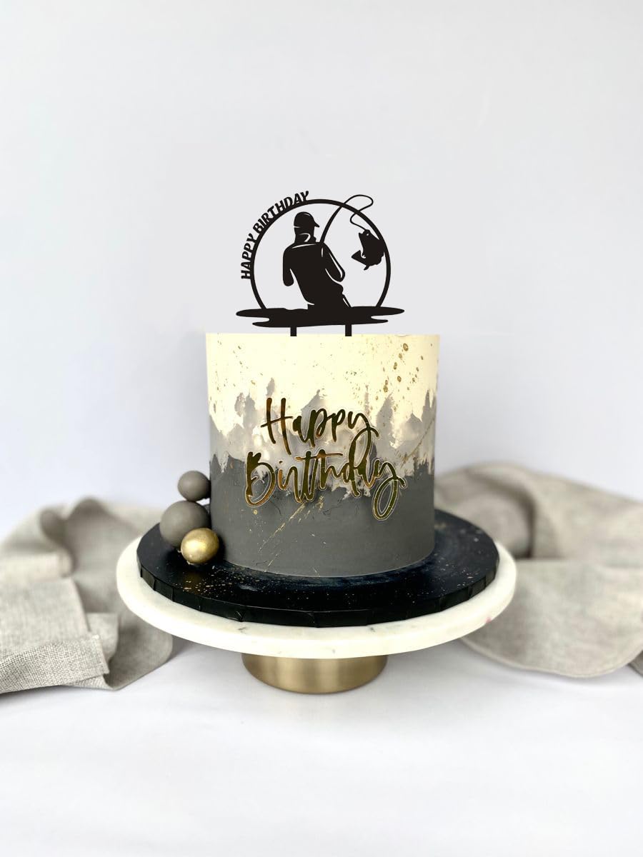 Funny Fishing Happy Birthday Cake Topper - Fisherman Birthday Party Decorations for Outdoor Gone Fishing Themed Parties - Perfect for Boys and Girls Birthday Celebrations | Great for Fishing Enthusiasts, Outdoor BBQs, and Themed Birthday Parties