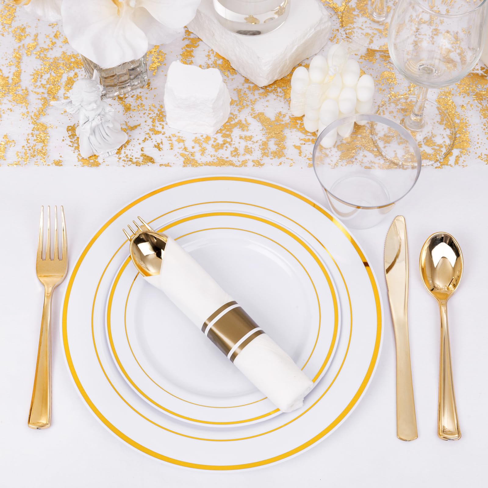 WELLIFE 350-Piece Gold Disposable Plates and Cutlery Set - Premium 10.25