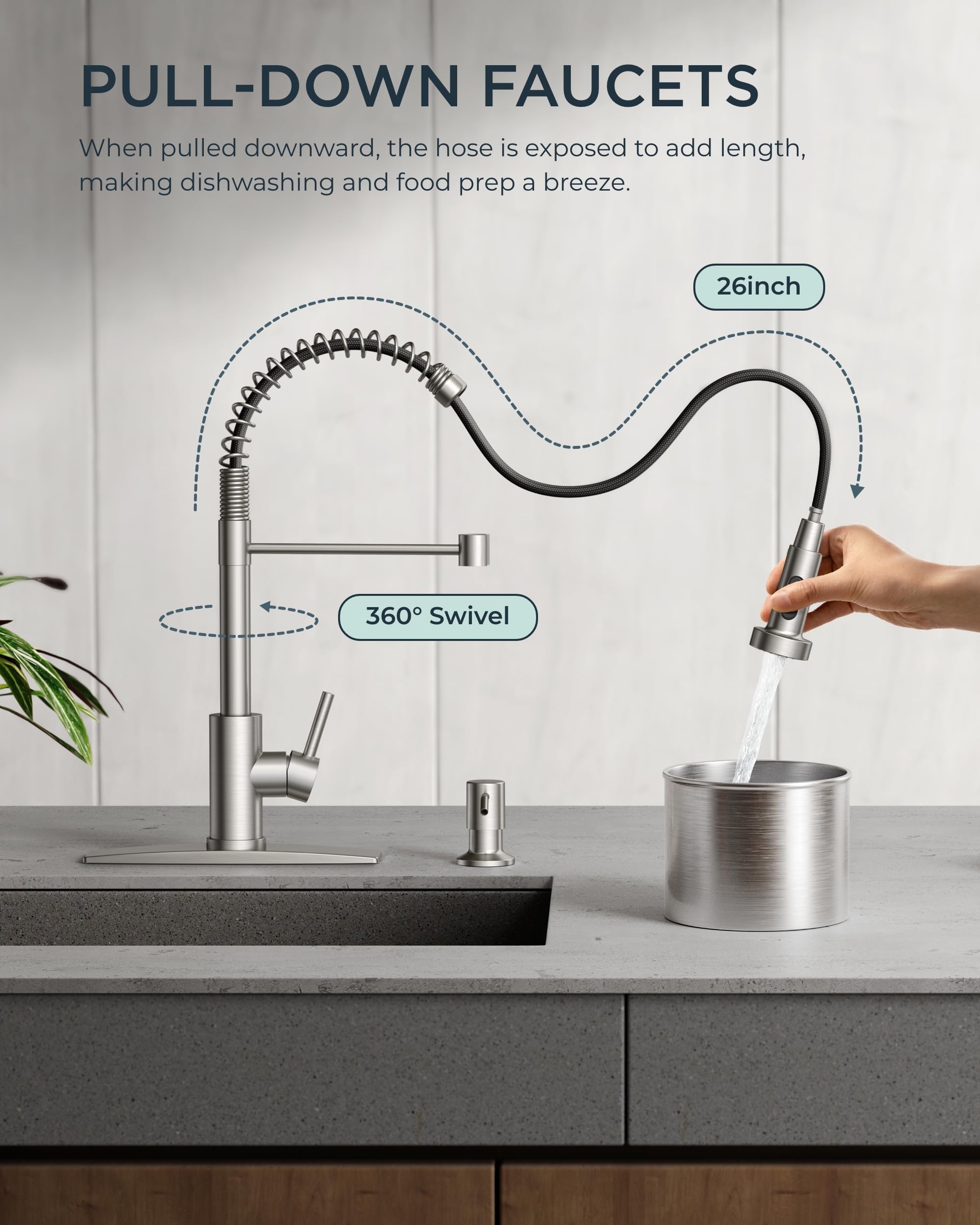 FORIOUS Brushed Nickel Kitchen Faucet with Pull Down Sprayer & Soap Dispenser - Perfect for Farmhouse, RV & Laundry Sinks