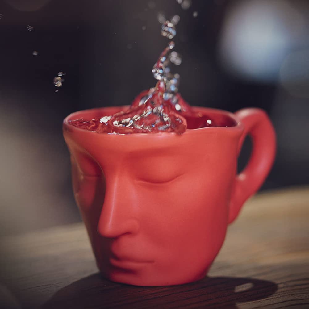 Creative Face Mug Set - 4-Piece Ceramic Coffee Cups & Saucers for Espresso, Cappuccino, Latte - Fun Tea Drinking Cups - Microwave & Dishwasher Safe (Red) - Perfect for Home, Office & Gifts