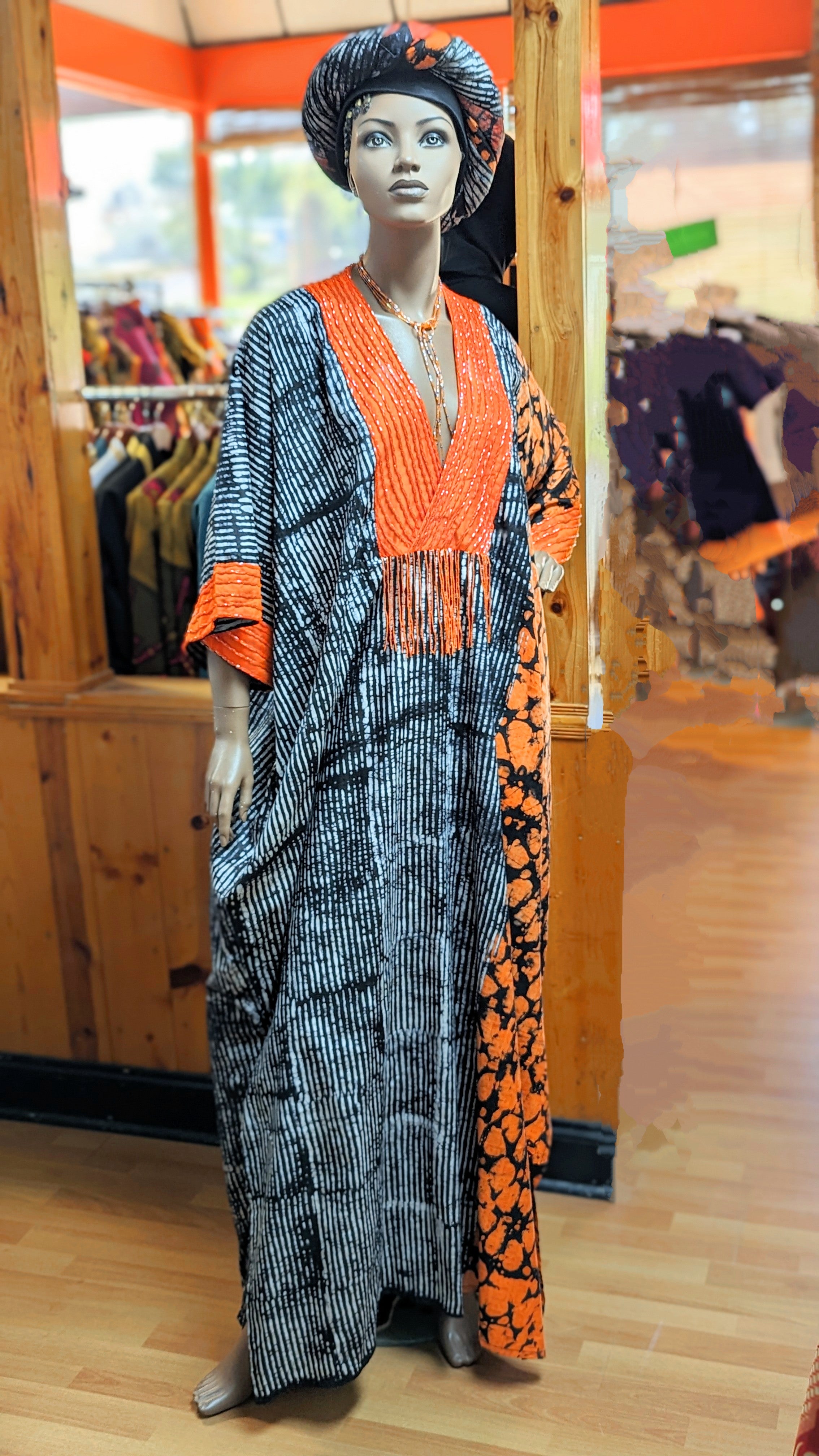 Handmade African Print Batik Dress with Orange Beads | Dupise's Anika Traditional Women's Dress | Perfect for Cultural Events, Weddings & Summer Outfits