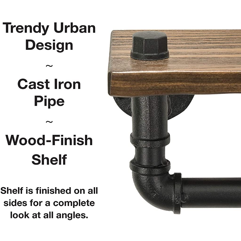 Vintage Wrought Iron Water Pipe Toilet Paper Holder with Wooden Shelf - Wall Mounted Bathroom Tissue Roll Dispenser with Storage (24x15x14.5cm) - Perfect for Farmhouse, Industrial & Retro Style Bathrooms