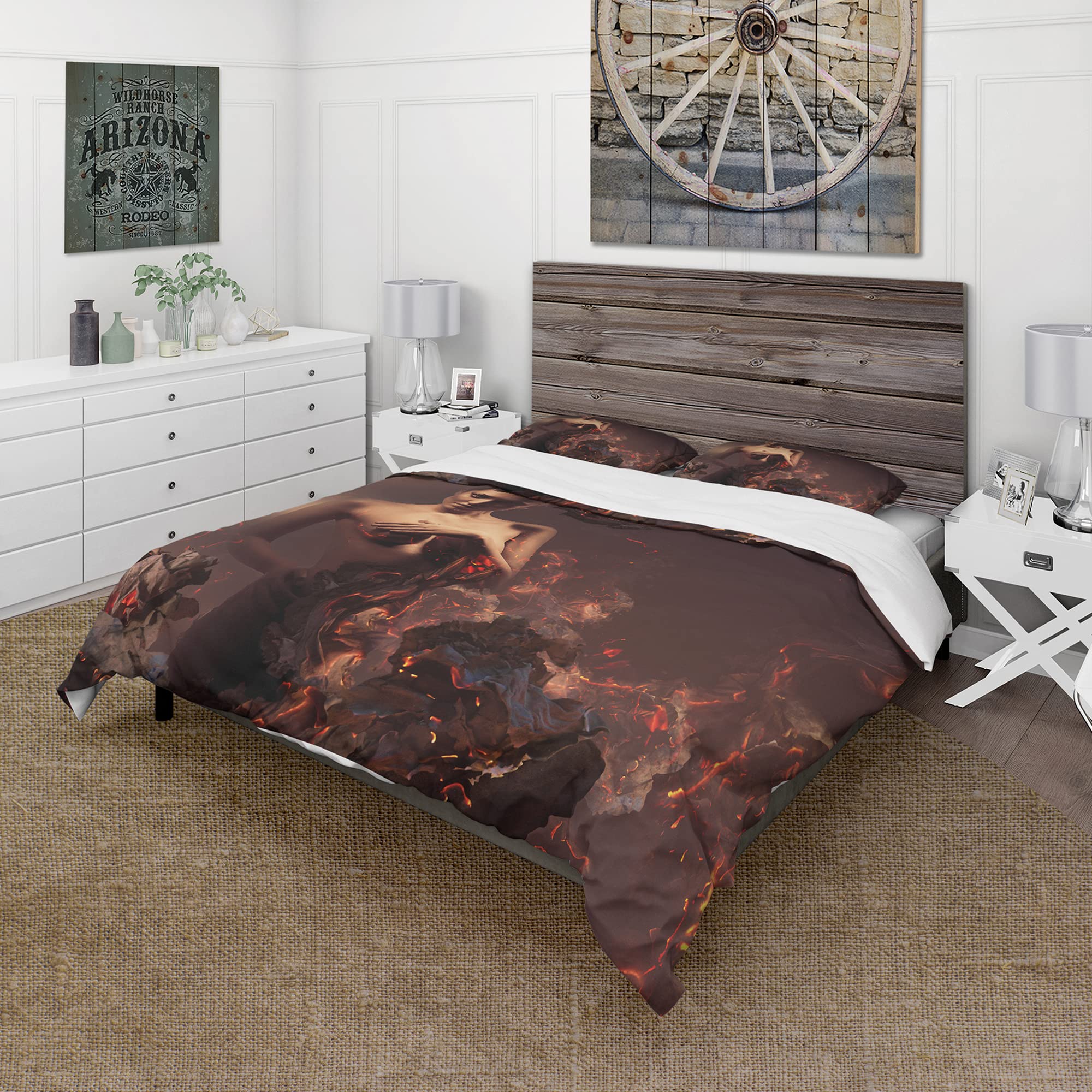DesignQ Modern & Contemporary Brown Duvet Cover Set Queen - 3 Piece Romantic Bedding with Nude Woman in Burning Ashes Art - All Season Comfort for Master Bedroom & Guest Room