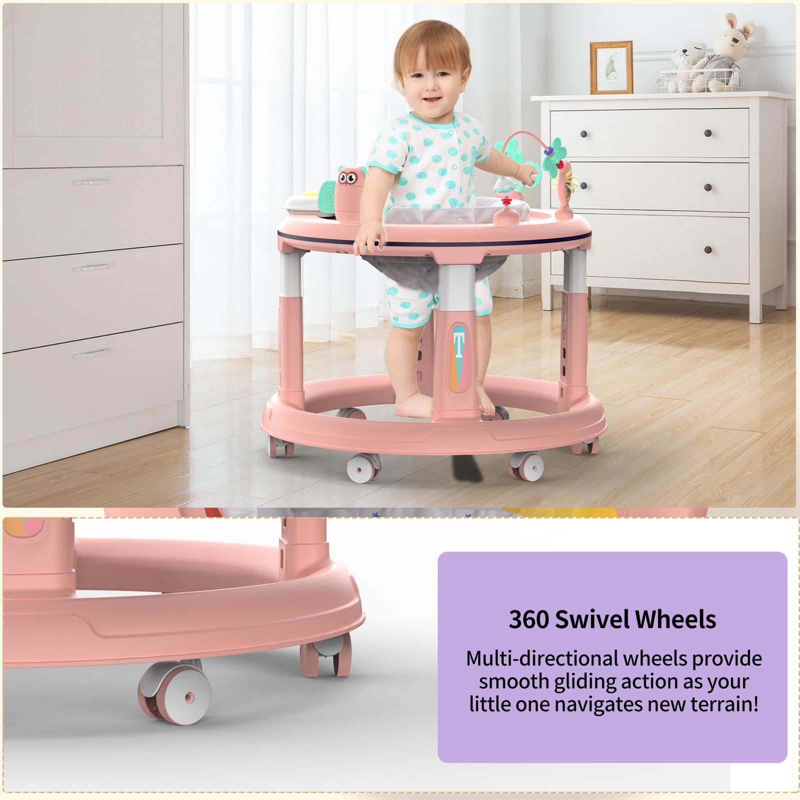 Adjustable Baby Walker for 6-12 Months - 5 Height Settings, 360° Swivel Seat with Music & Detachable Toys | Safe Activity Center for Boys & Girls (Pink) | Perfect for Learning to Walk & Indoor Play