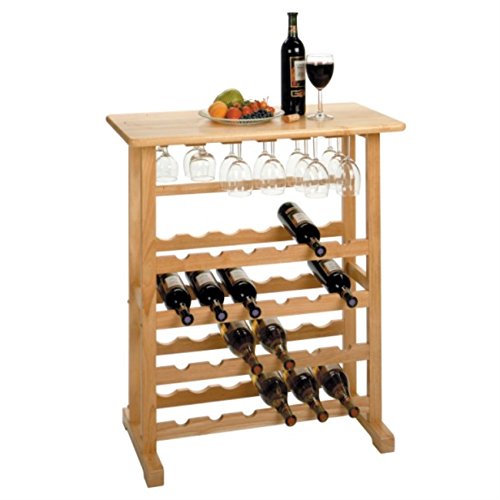 Ergode Newport Expandable Wine Bar Countertop - Solid Wood Walnut Finish with 9-Bottle Storage, Hanging Wine Glass Rack, Drawer & Open Shelf - Perfect for Home Bar, Dining Room, or Kitchen Wine Display (83024-VV)