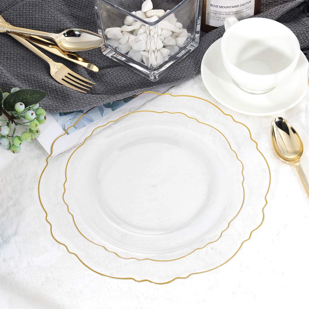 Premium 30-Piece Clear & Gold Plastic Dinnerware Set - Includes 30 Dinner Plates, Salad Plates, Forks, Knives, Spoons & Cups - Elegant Disposable Tableware for Weddings, Parties, Catering & Special Events