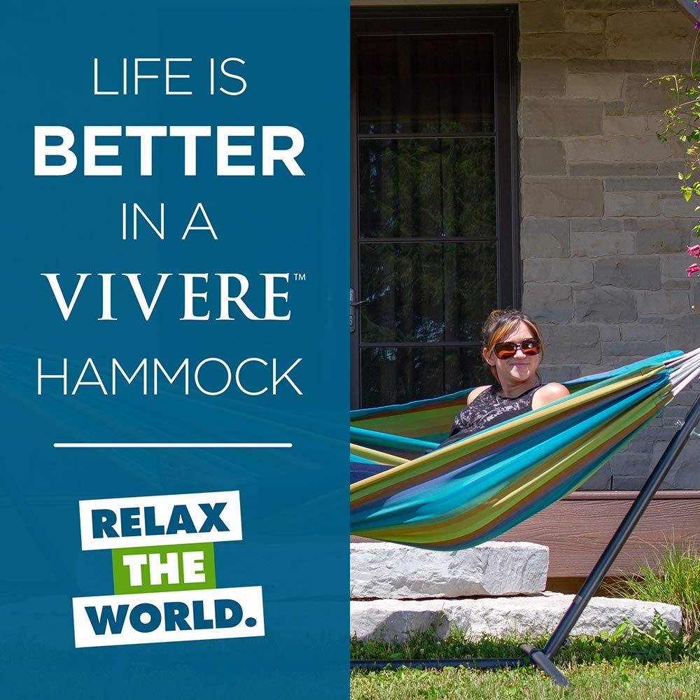 Vivere Double Sunbrella Hammock with Space-Saving Steel Stand - 450 lb Weight Capacity, Includes Premium Carry Bag (Lagoon Blue) - Perfect for Backyard Relaxation, Camping & Beach Vacations