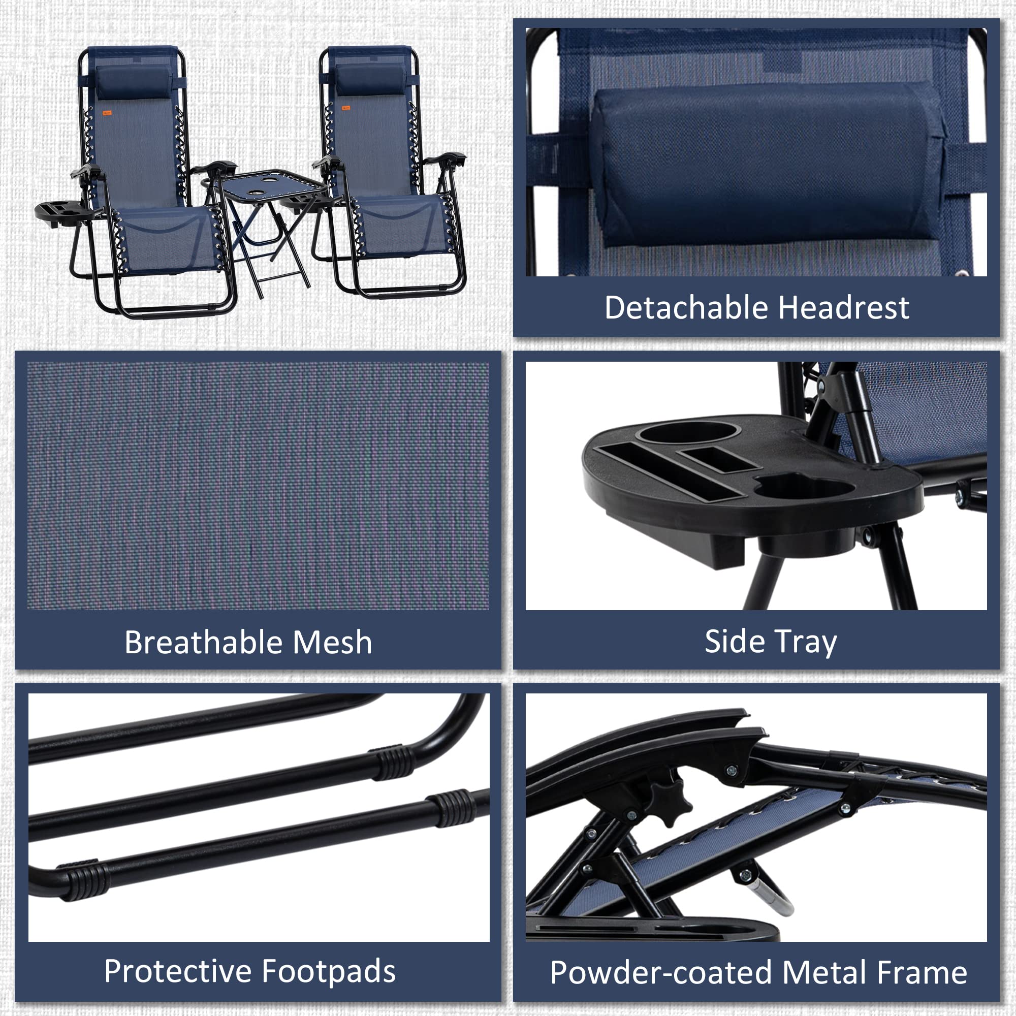 Outsunny Zero Gravity Reclining Lounge Chair Set with Side Table & Cup Holders - Adjustable Folding Outdoor Chair with Pillows for Pool, Backyard, Beach, Patio - Perfect for Relaxing, Sunbathing & Outdoor Lounging