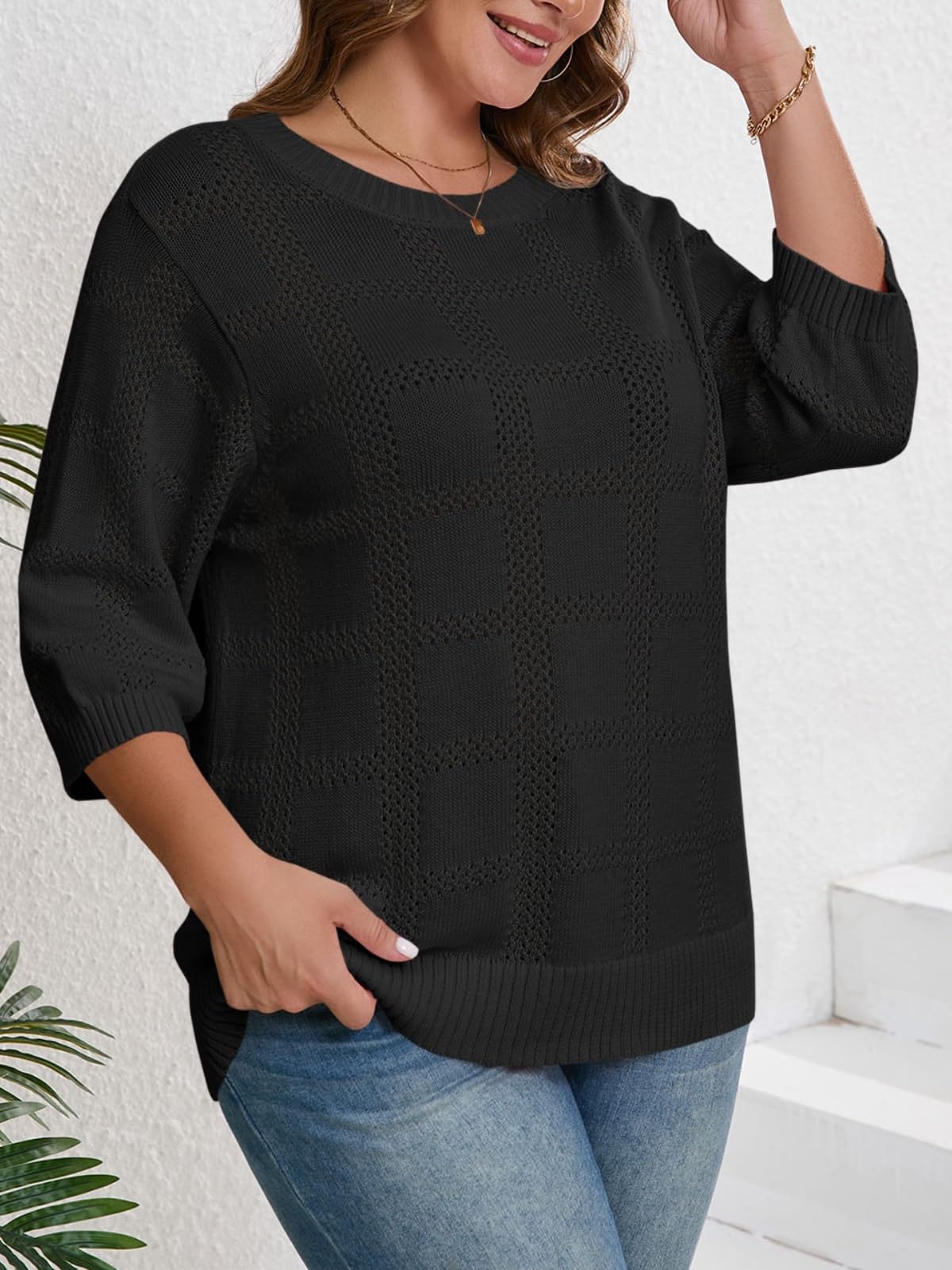 Beautife Women's Plus Size 3/4 Sleeve Crochet Knit Tunic Top - Lightweight Casual Sweater for Work, Date Night & Spring Outfits