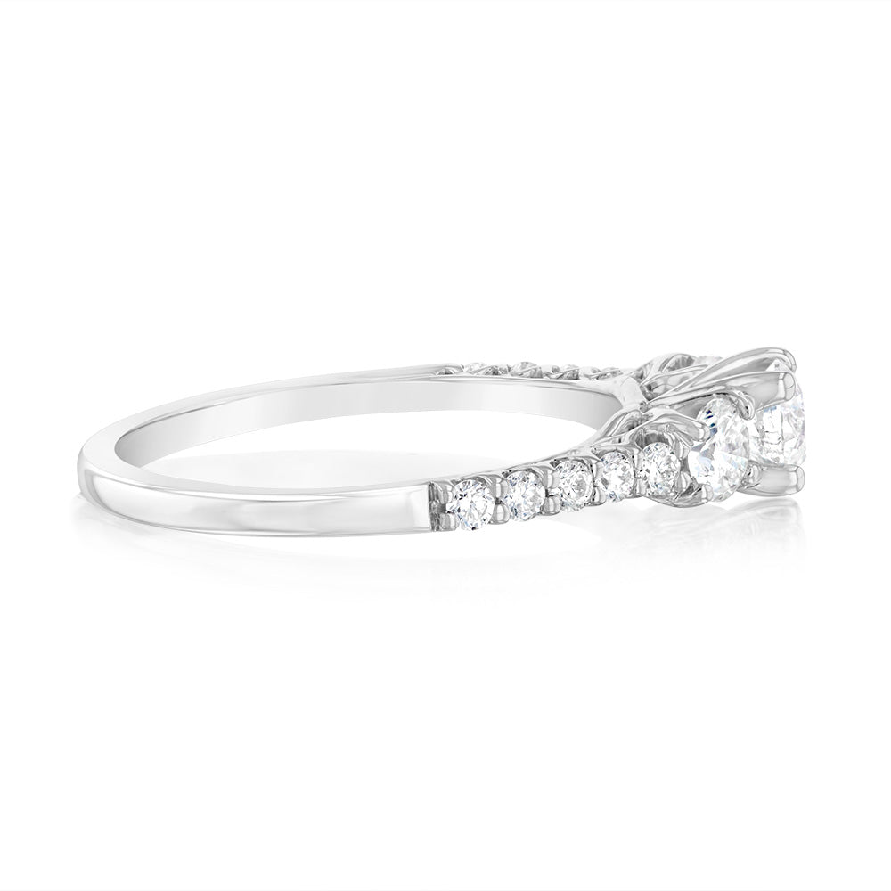 14K White Gold 1 Carat Brilliant Cut Diamond Trilogy Ring with Side Stones - Elegant Engagement, Wedding & Anniversary Jewelry Gift for Her