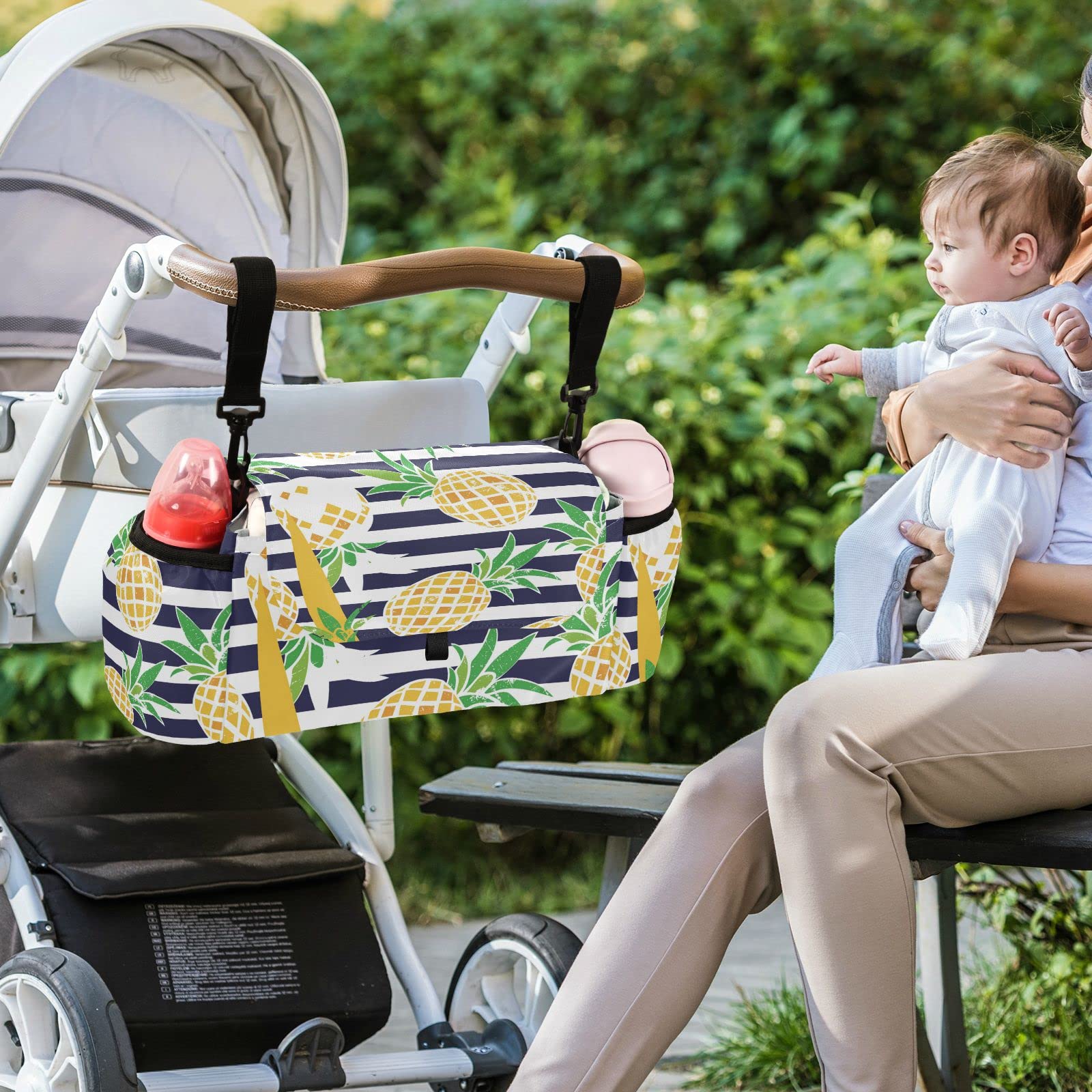 Emelivor Cartoon Pineapple Baby Stroller Organizer - Large Capacity Stroller Accessories with Adjustable Shoulder Strap & Cup Holders - Perfect for Diapers, Phone, Keys, Toys - Ideal for Park Outings, Shopping Trips & Family Walks