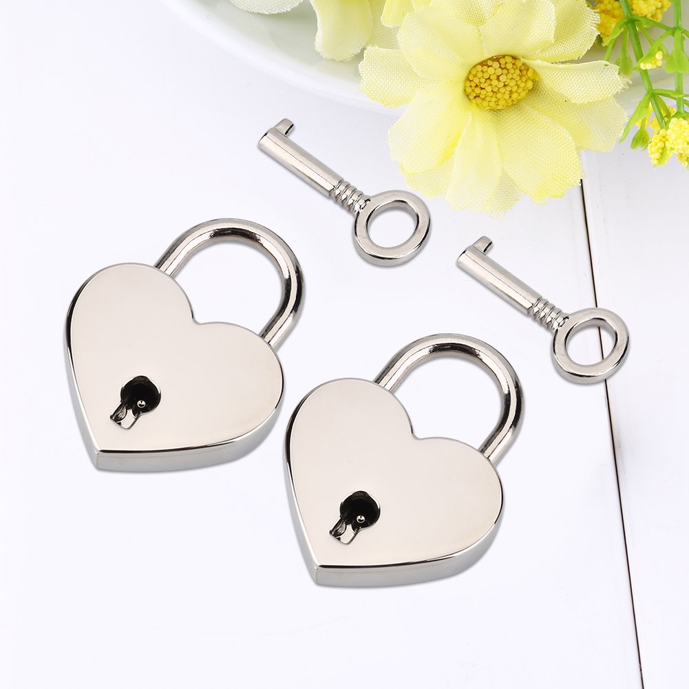 2 Pack Small Metal Heart Shaped Padlock with Key - Mini Love Locks for Jewelry Box, Diary, Luggage & Storage - Romantic Gift for Couples, Wedding, Anniversary - Silver