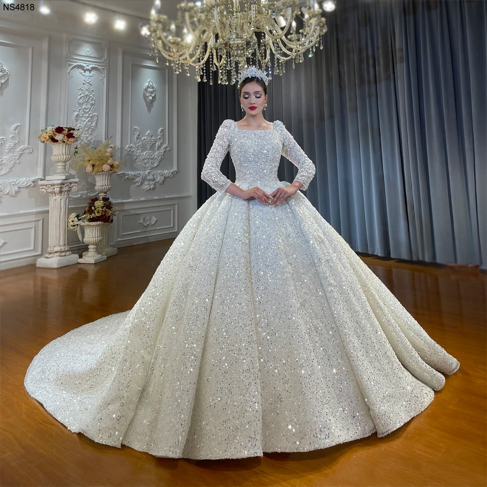 Elegant Muslim Square Neck Sequin Wedding Dress - Long Sleeve Shiny Ball Gown for Brides | Perfect for Islamic Ceremonies, Formal Events & Special Occasions