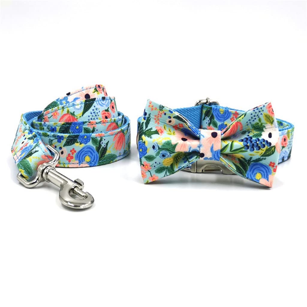 Custom Engraved Dog Collar with Adjustable Bow Tie & Leash Set - Blue Floral Pattern, Durable Pet Collars for Small Medium Large Dogs - Perfect for Daily Walks, Training & Special Occasions