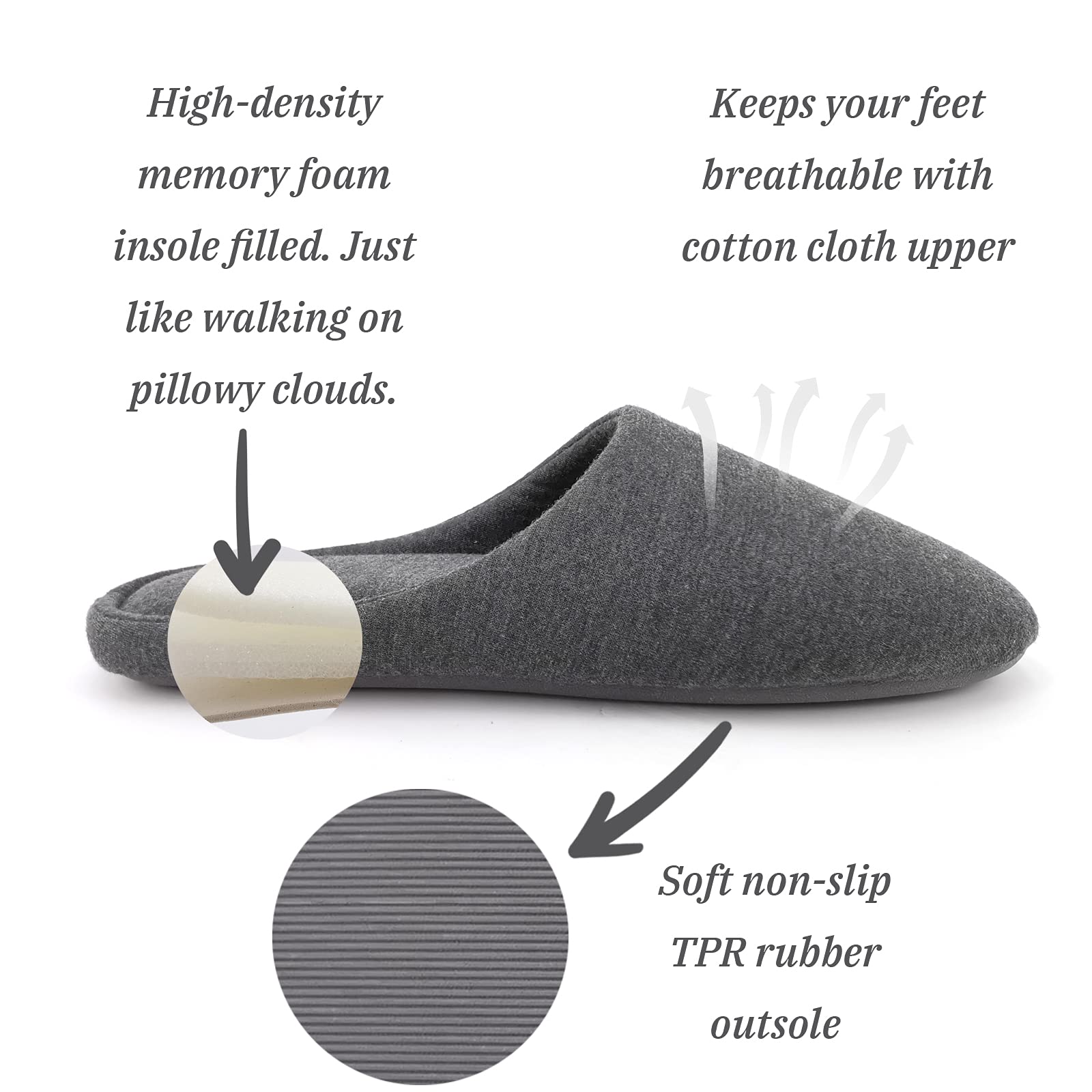 Women's Comfortable Cotton House Slippers - Lightweight Washable Memory Foam Indoor Slippers with Non-Slip Rubber Soles for Bedroom, Lounge & Home Relaxation