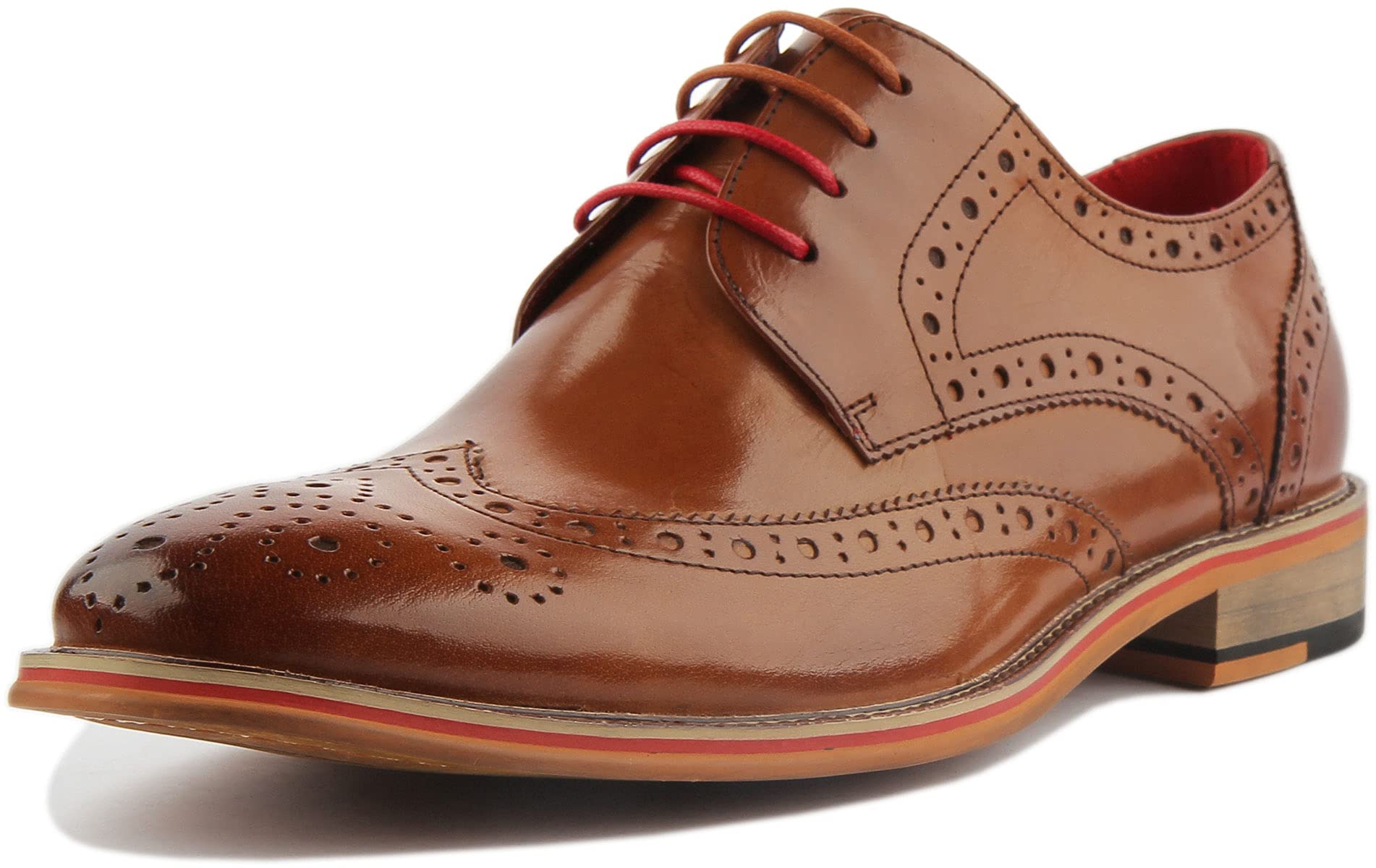 Dover Men's Genuine Leather Derby Shoes - Classic Wooden Effect Brogue Design with Contrast Laces | Formal & Business Casual Footwear for Office, Weddings & Special Occasions