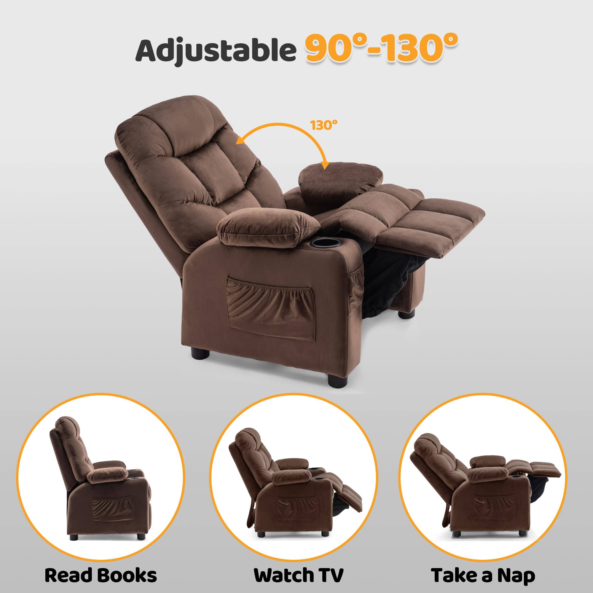 MCombo Big Kids Recliner Chair for Ages 3+ - Velvet Brown Toddler Reclining Sofa with Cup Holders - Perfect for Playroom, Bedroom & Movie Nights
