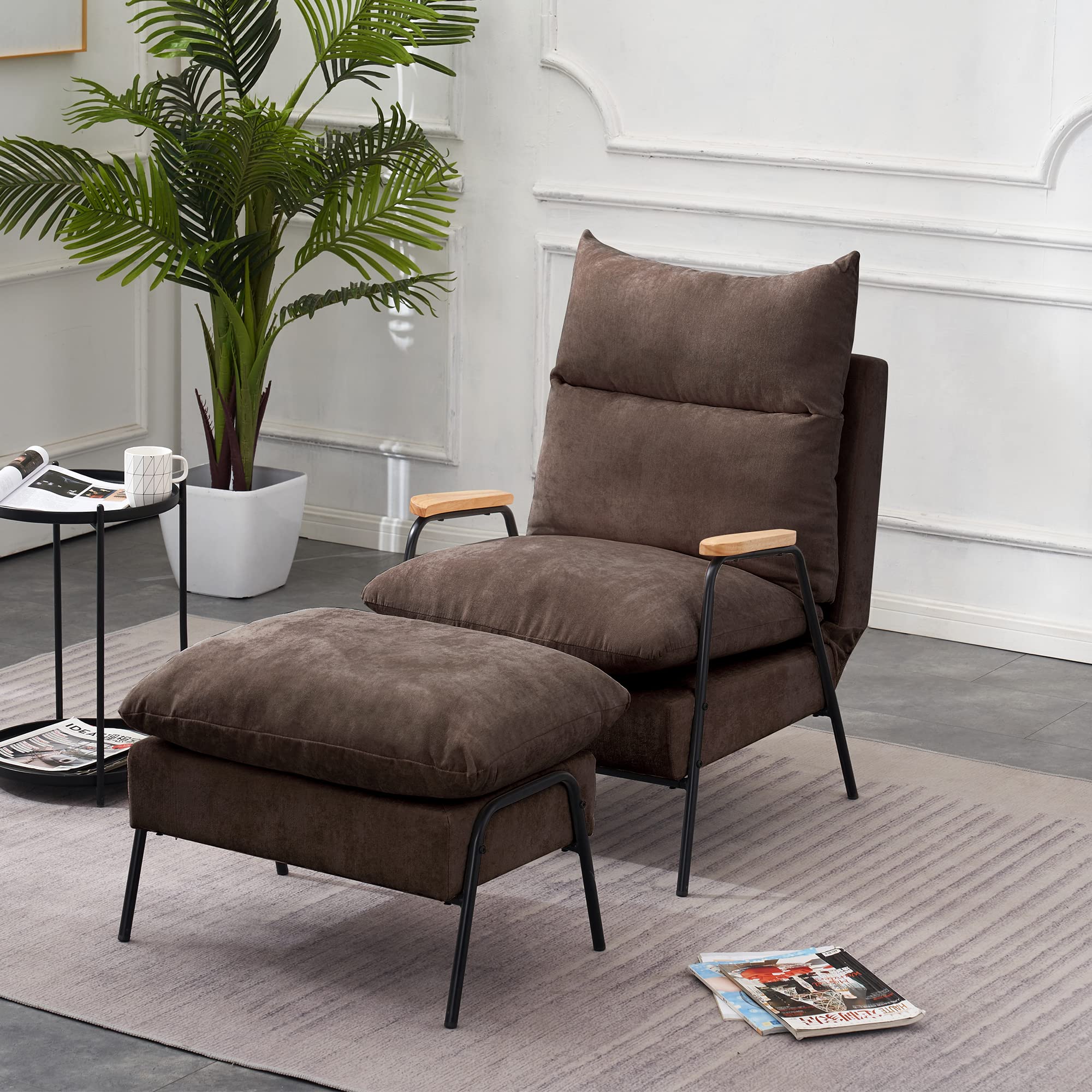 MCombo Modern Fabric Accent Recliner Chair with Ottoman - Upholstered Armchair & Sofa Bed for Small Spaces - Living Room, Bedroom, Home Office (Black Frame, Brown) - Perfect for Relaxing, Reading & Napping