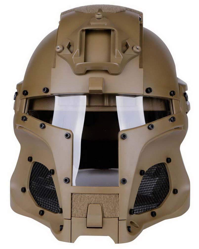 Tactical Airsoft Full Face Helmet - Mandalorian & Boba Fett Style Cosplay Mask with Interchangeable Lenses (Tan) - Perfect for Airsoft Games, Cosplay Events & Halloween Costumes
