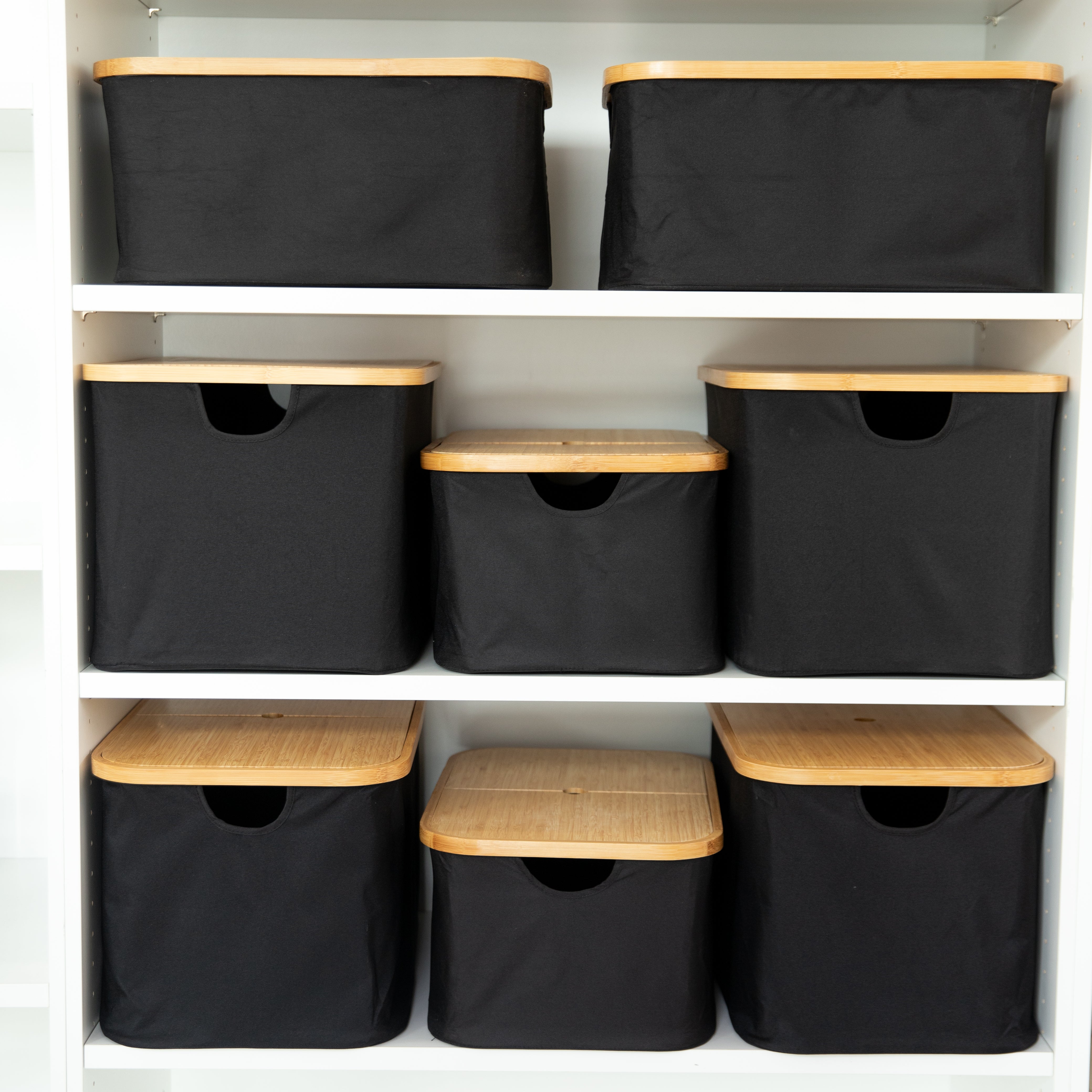 8-Pack Black Fabric Bamboo Linen Storage Baskets - Eco-Friendly Home Organization for Bedroom, Bathroom, and Closet