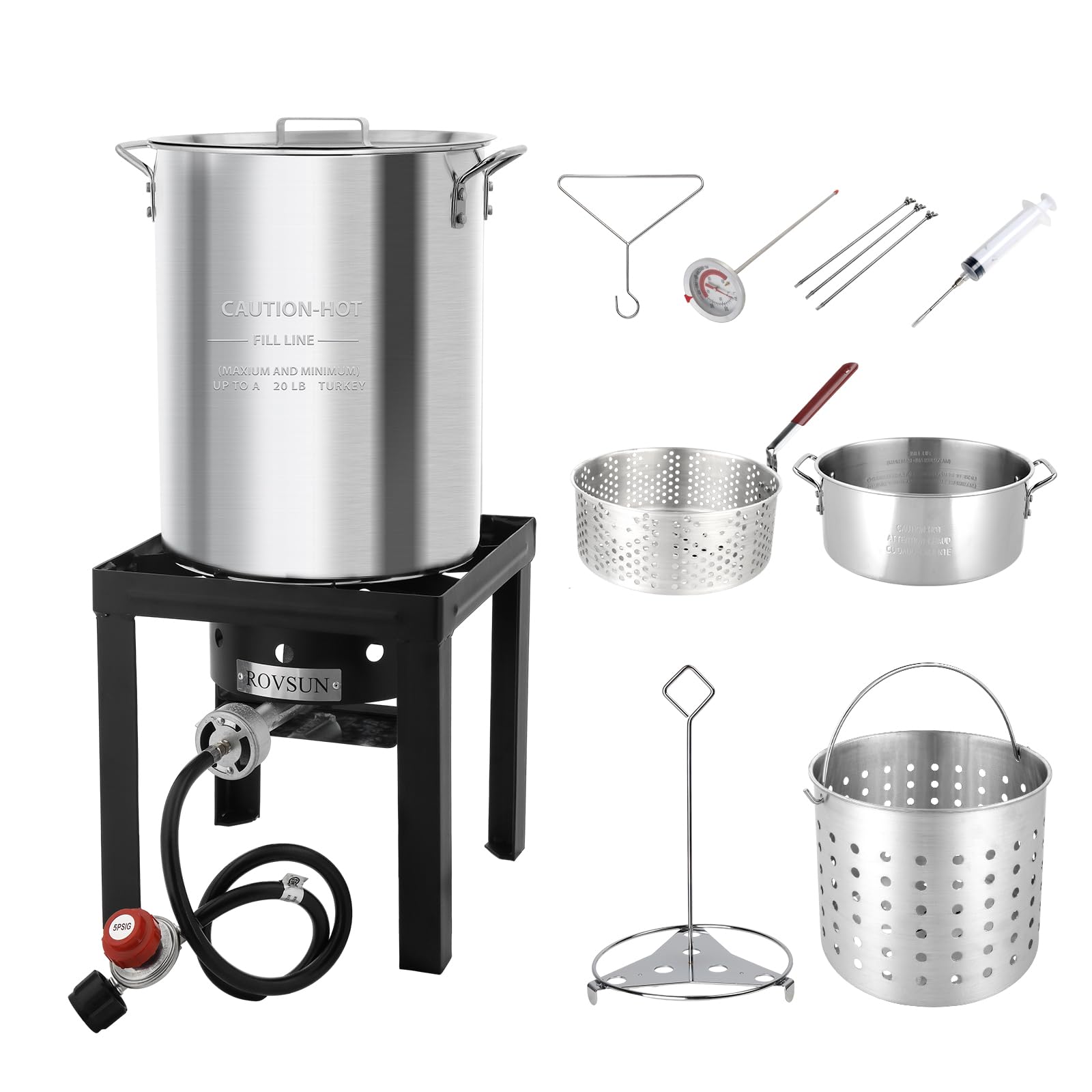 ROVSUN 30QT Turkey Fryer & 10QT Fish Fryer Kit - 55,000BTU Propane Outdoor Deep Fryer with Baskets, Thermometer, Marinade Injector & Turkey Rack - Perfect for Thanksgiving, Seafood Boiling & Outdoor Cooking