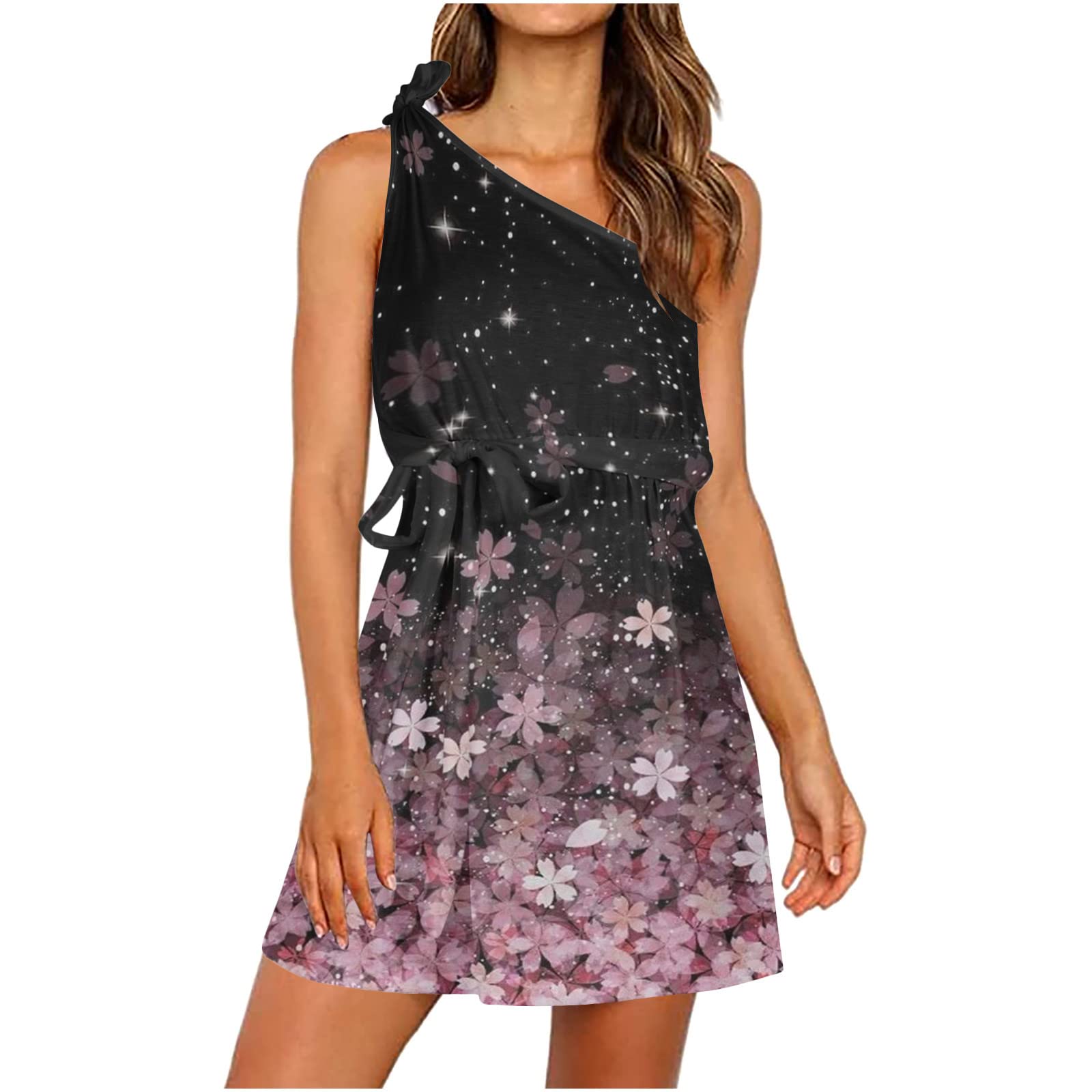 Women's Floral Print One Shoulder Sleeveless Tie Mini Dress - Summer Party & Beach Wear for Women - Perfect for Cocktail Parties, Vacations & Date Nights
