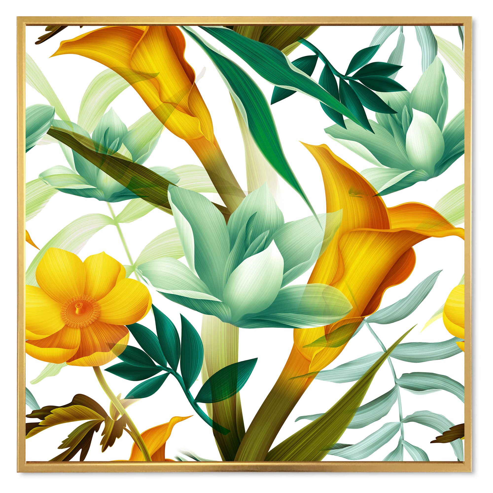 Tropical Foliage & Yellow Flowers III - Modern Framed Canvas Wall Art Print - Perfect for Living Room, Bedroom & Office Decor