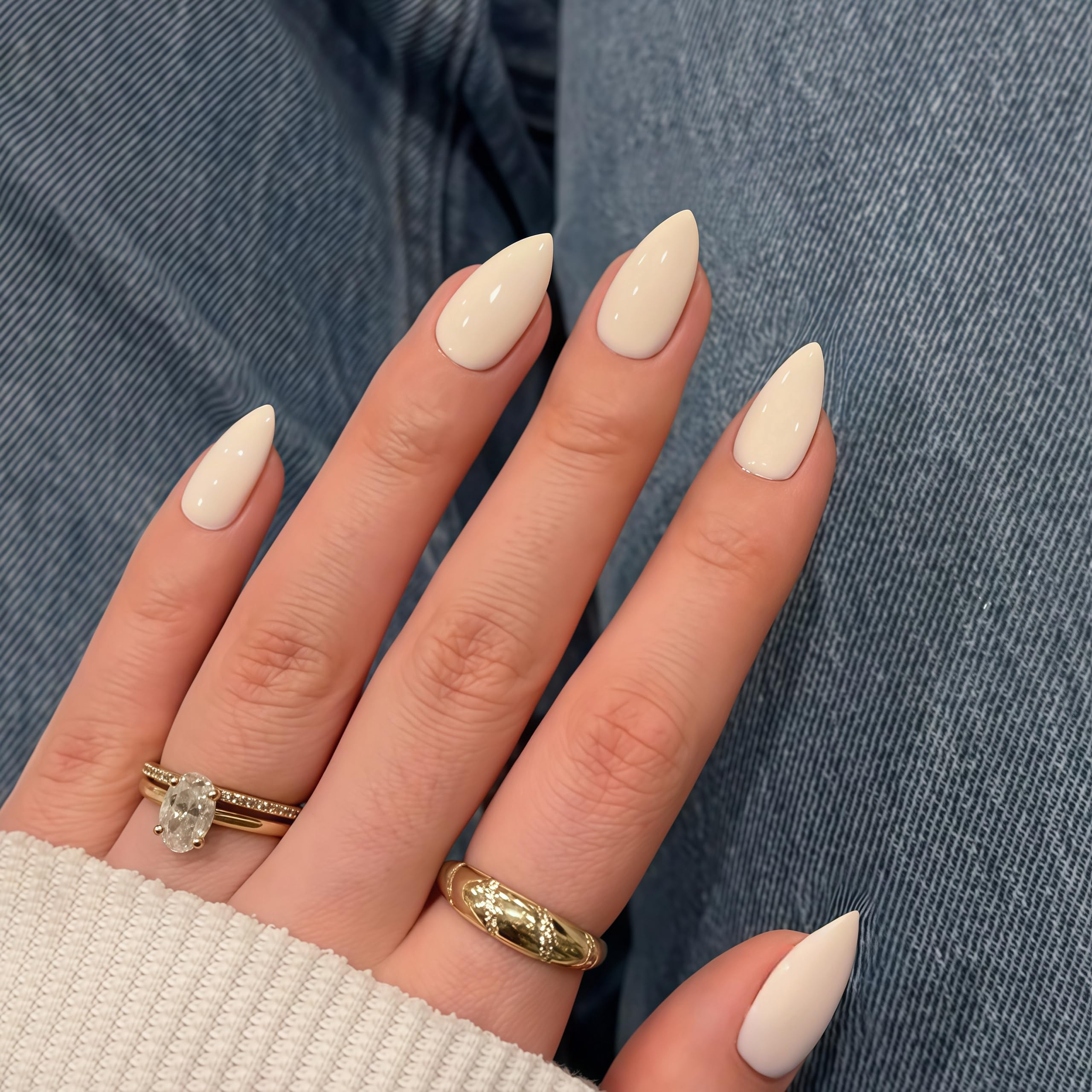 Beige Press on Nails Short Almond Shape - 30Pcs Natural Acrylic Fake Nails with Glue for Big & Small Hands | Thick Handmade Gel Nails for Everyday Wear, Office, Date Night & Special Occasions