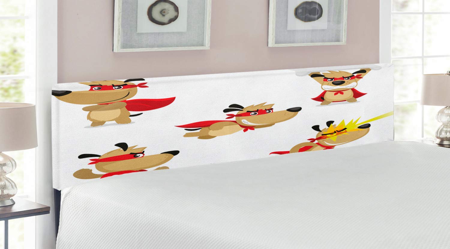 Ambesonne King Size Dog Headboard - Superhero Puppy Paw Costume Design with Mystic Powers & Laser Vision, Upholstered Decorative Metal Bed Frame with Memory Foam in Red Cream White | Perfect for Pet Lovers' Bedroom, Superhero Theme Decor, and Cozy Home Makeover
