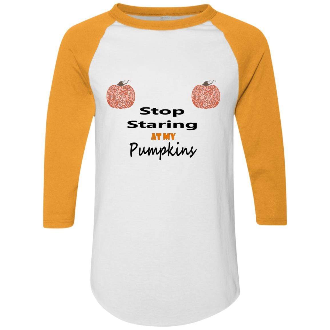 WineyBitches.Co Stop Staring At My Pumpkins Colorblock Raglan Jersey - Trendy Women's Fall Sweatshirt for Halloween, Thanksgiving & Cozy Seasonal Outfits