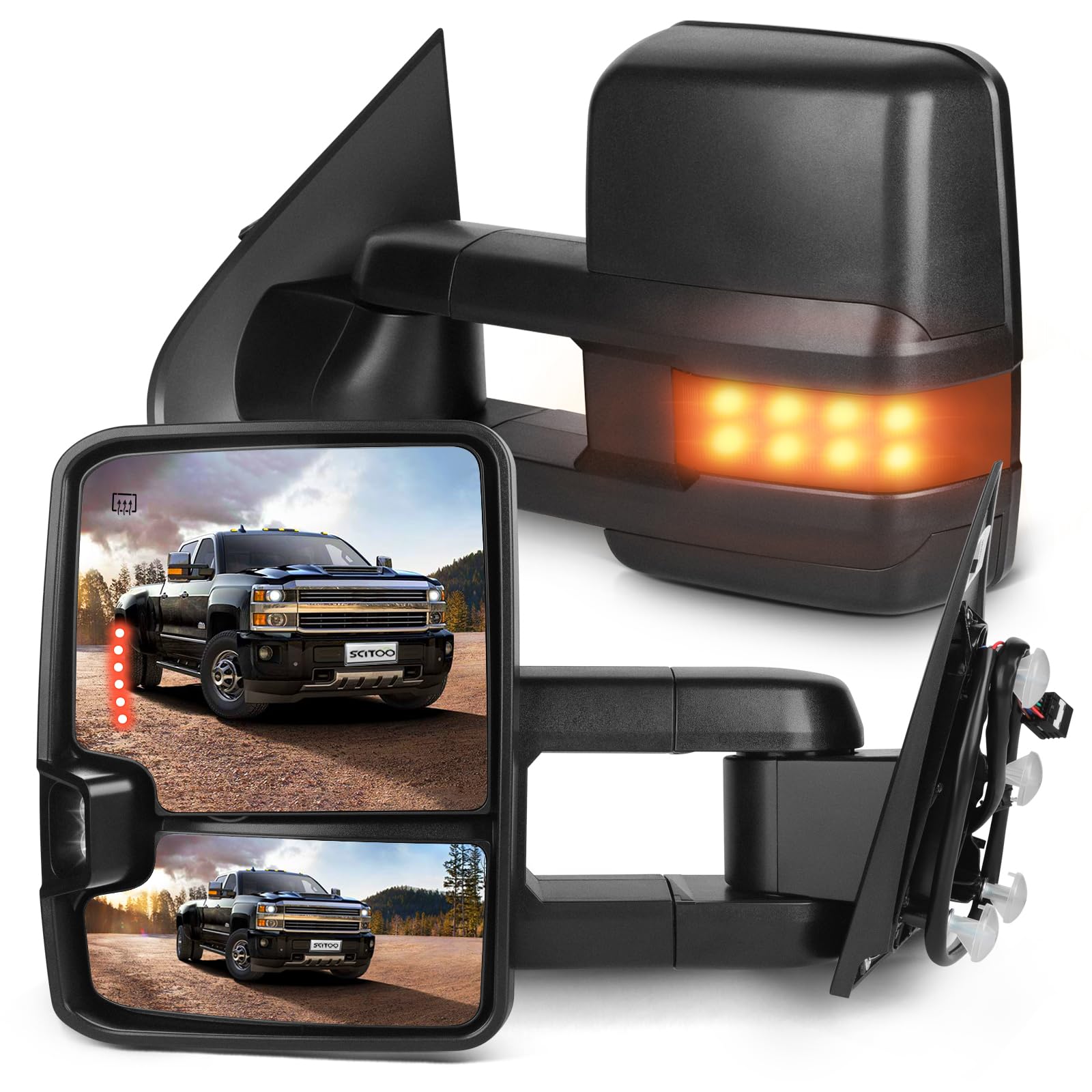 SCITOO Black Power Heated Towing Mirrors with Puddle Lights & Turn Signal - Compatible with 2014-2018 Chevy Silverado/GMC Sierra 1500/2500HD/3500HD - Enhanced Visibility for Safe Towing & Night Driving