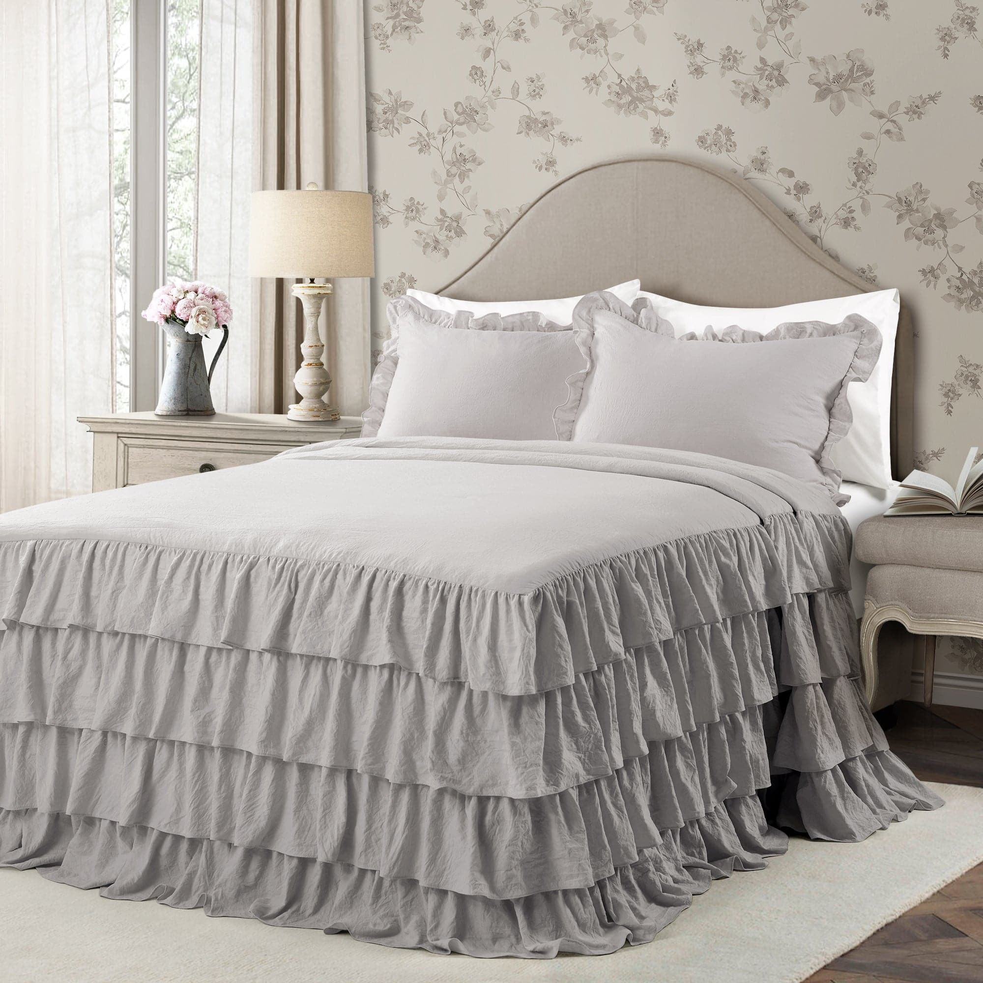 Allison Ruffle Skirt Bedspread Set - Elegant Floral Printed Queen Size Bedding with Ruffled Skirt | Perfect for Master Bedroom, Guest Room & Vacation Home Decor