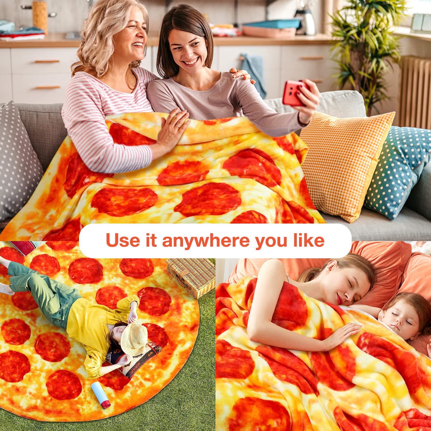 Hommtina Double-Sided Pizza Blanket - Giant 60-Inch Tortilla Blanket for Adults, Teens & Kids | Funny & Realistic Food-Themed Gift for Parties, Movie Nights & Cozy Home Use