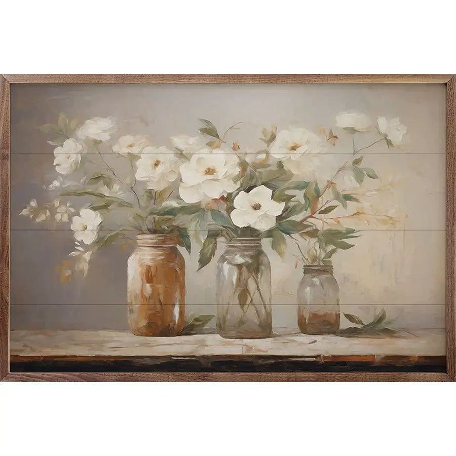 Rustic Mason Jar Bouquet Wood Framed Wall Art - Floral Farmhouse Decor for Kitchen, Living Room & Bedroom