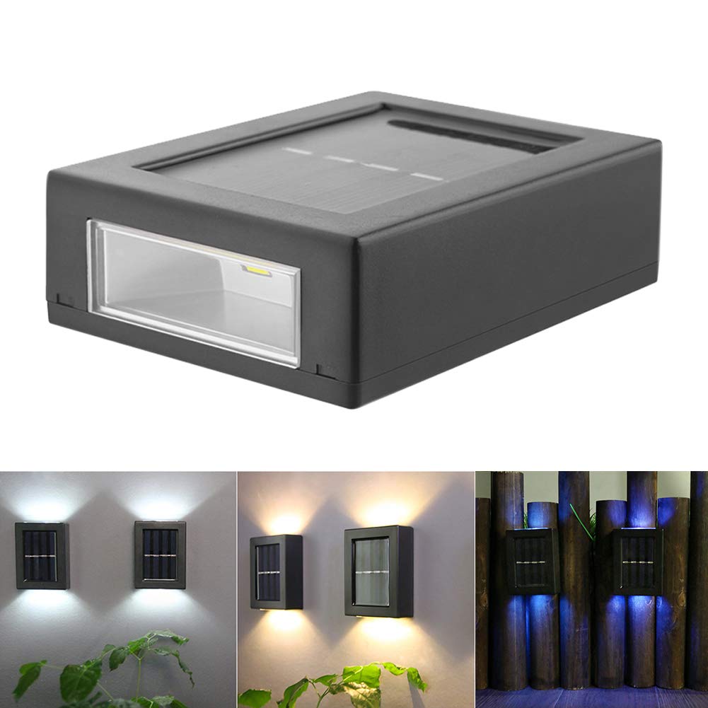 CALIDAKA 2 Pack LED Solar Wall Lights - Waterproof IP65 Outdoor Security Lighting, Up & Down Solar Fence Lights for Garden, Porch, Pathway (Warm White) | Perfect for Home Exterior, Backyard & Landscape Illumination
