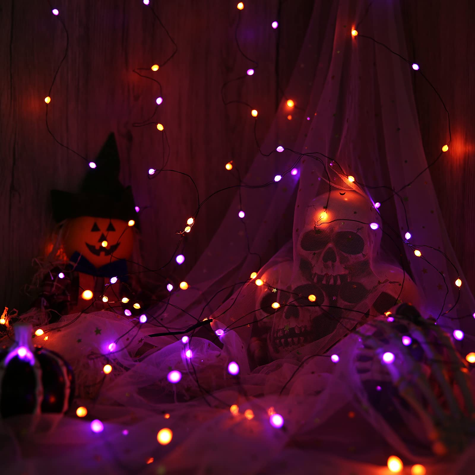 Lomotech Orange Purple Halloween Fairy Lights - 2 Pack 16.4ft 50 LED Battery Operated String Lights with Timer & 8 Modes | Waterproof Twinkle Lights for Halloween Party Decorations, Outdoor Decor, Christmas Tree, Bedroom, Garden & Wedding Decor (Black Wire)