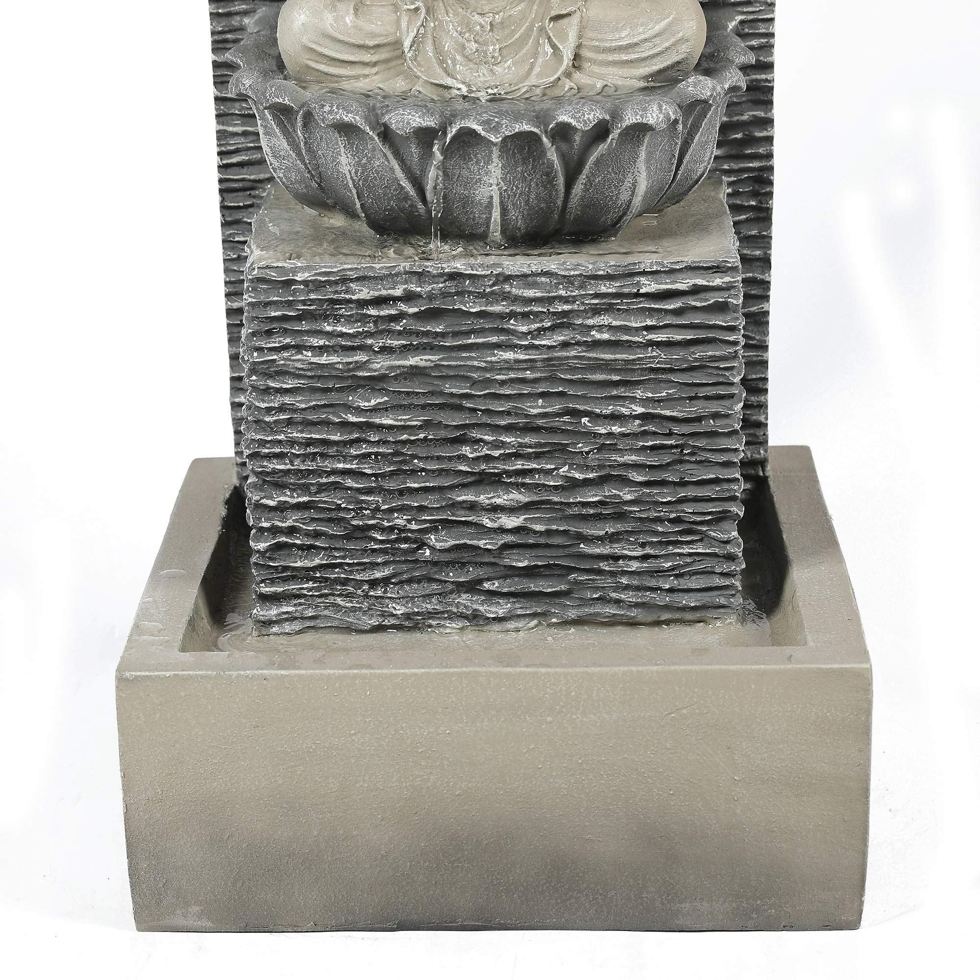 Grey Oriental Polyresin Meditating Buddha on Pedestal Patio Fountain with LED Lights - Zen Garden Decor, Outdoor Water Feature for Relaxation & Meditation Spaces