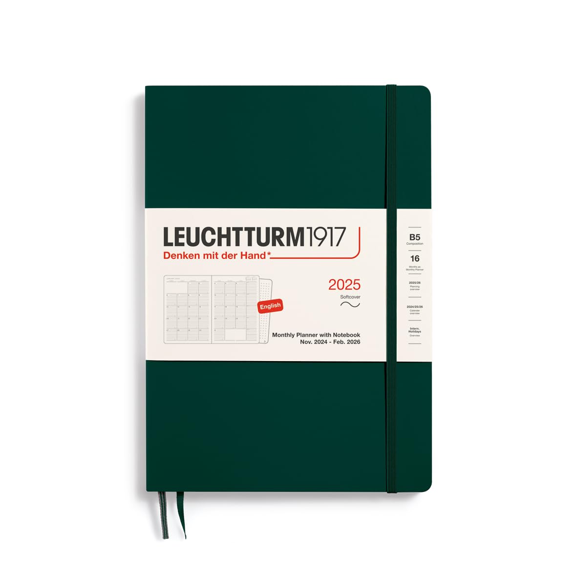 LEUCHTTURM1917 2025 Monthly Planner & Notebook - Softcover B5 Size, Forest Green (Nov 2024-Feb 2026) | Perfect for Work, School & Personal Organization