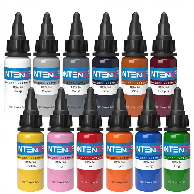 Intenze 12 Color PETA Approved Vegan Tattoo Ink Set - Professional Safe Body Art Pigments for Animal Lovers & Pet Memorial Tattoos