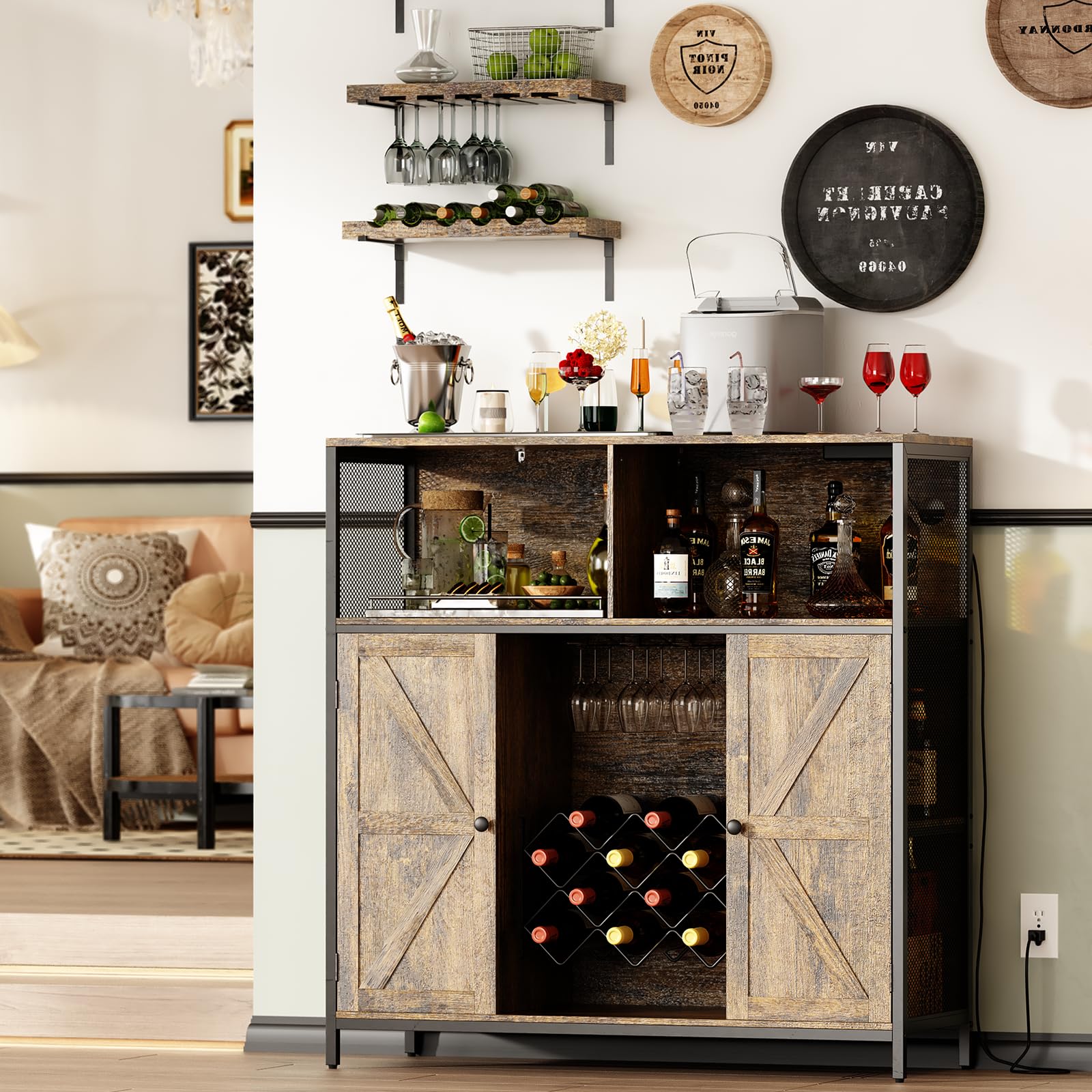 Redlife Industrial Wine Bar Cabinet with Power Outlets, LED Lights & Glass Holder - Modern Storage Buffet for Coffee & Wine Station - Perfect for Home Bar, Dining Room & Entertainment Areas