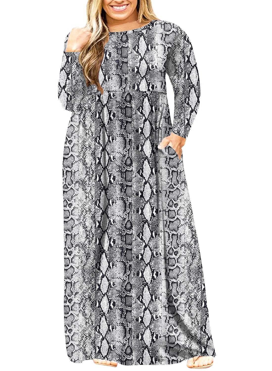 BISHUIGE Women's Plus Size Long Sleeve Maxi Dresses with Pockets - XL to 6XL - Casual Flowy Midi Dress for Everyday Wear, Church, Office & Special Occasions