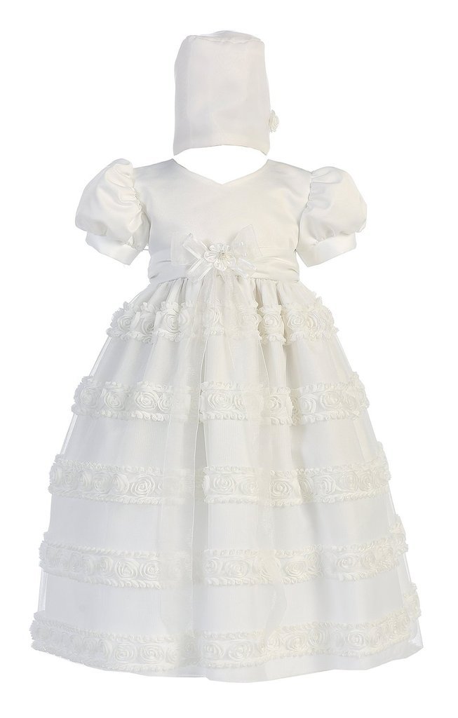 Elegant Baby Girl Christening Dress - Satin with Embroidered Chiffon & Tulle Layers + Matching Bonnet | Perfect for Baptism, First Communion & Special Occasions