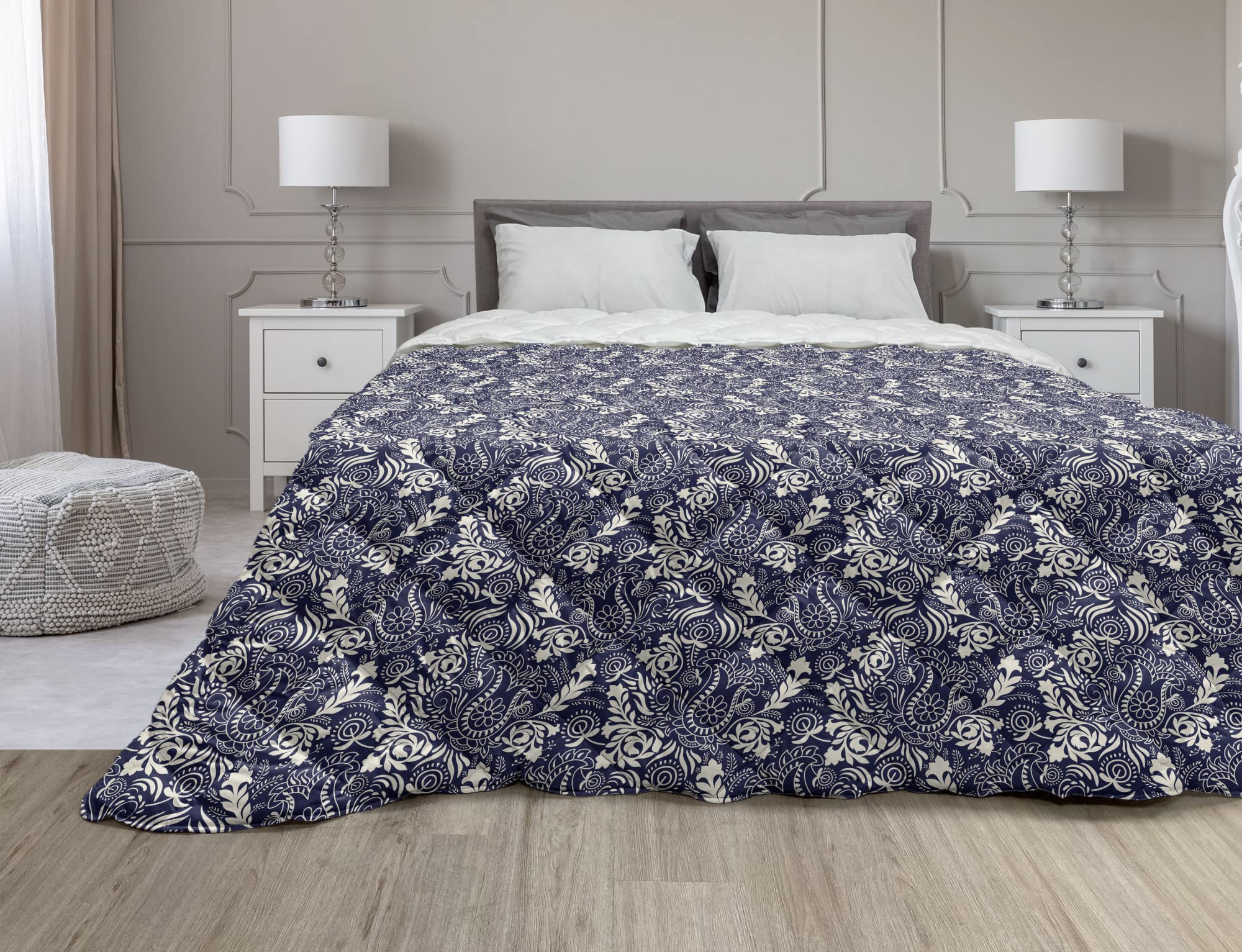 Ambesonne Persian Down Alternative Comforter - Middle Eastern Inspired Floral Design with Curved Leaves, All-Season Microfiber Quilt, Twin XL Size in Navy Blue & Cream - Perfect for Bedroom Decor, Guest Rooms, and Cozy Nights