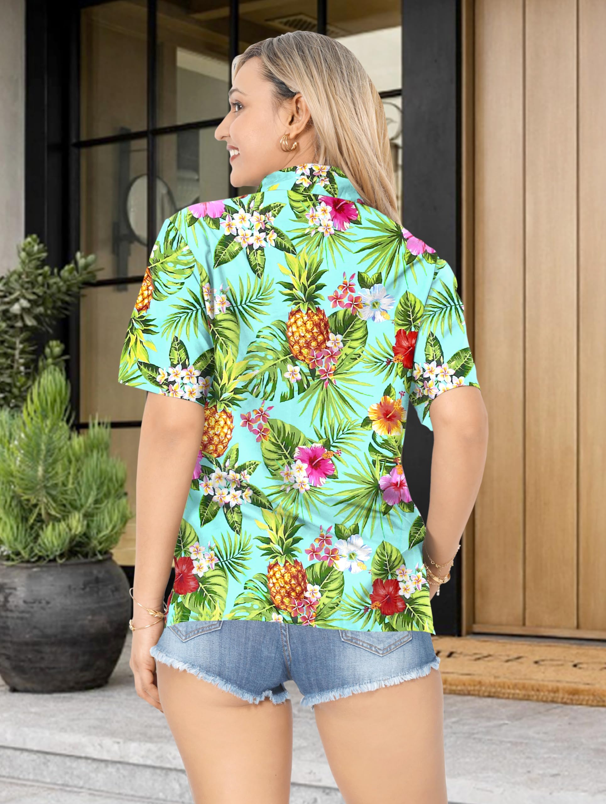 Happy Bay Women's Short Sleeve Hawaiian Shirt - Tropical Floral Print Vacation Blouse for Beach, Summer & Casual Wear