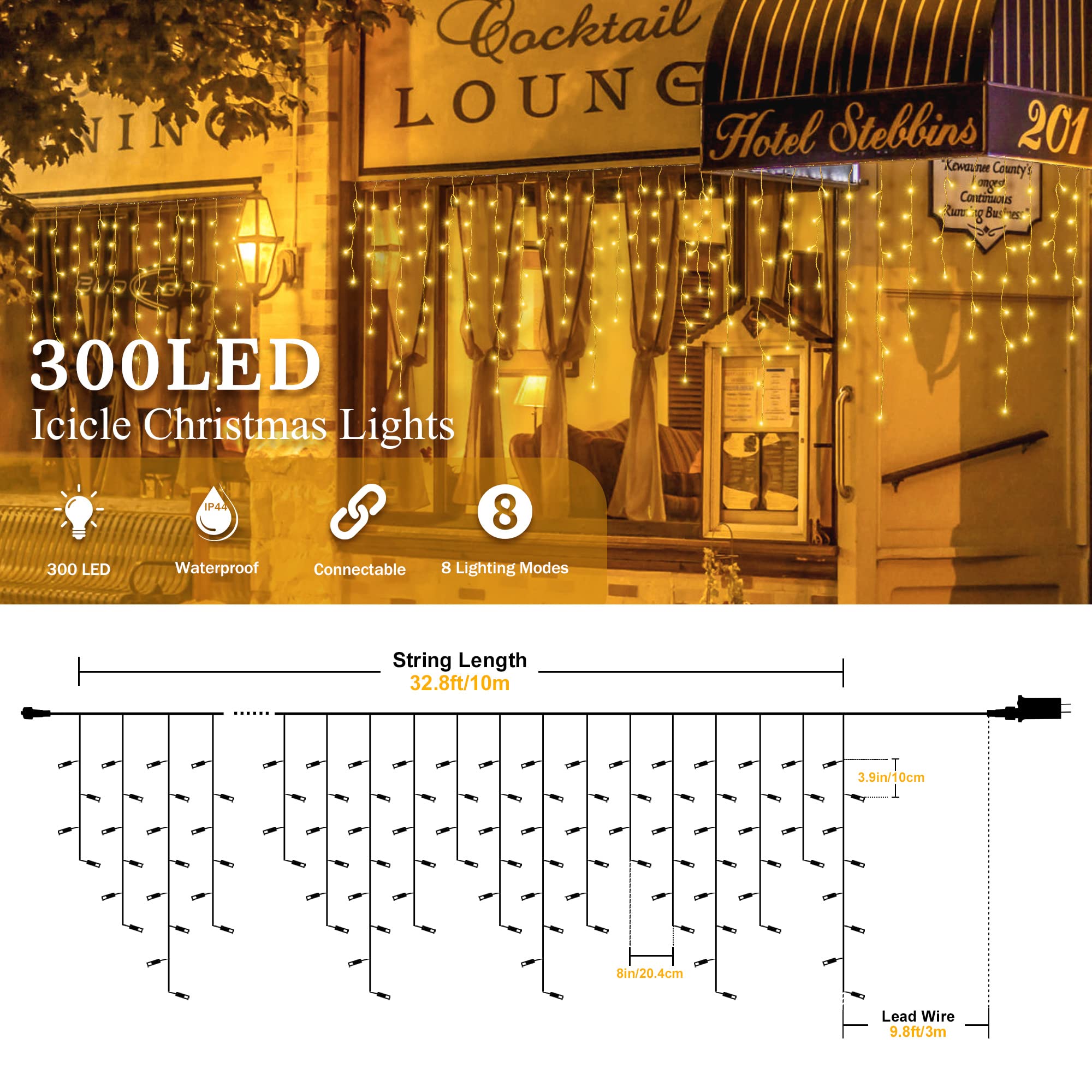 33FT 300 LED Icicle Christmas Lights - Outdoor Waterproof String Lights with 50 Warm White Drops for Holiday, Wedding & Indoor Decorations | Perfect for Roof, Tree, Window & Party Decor