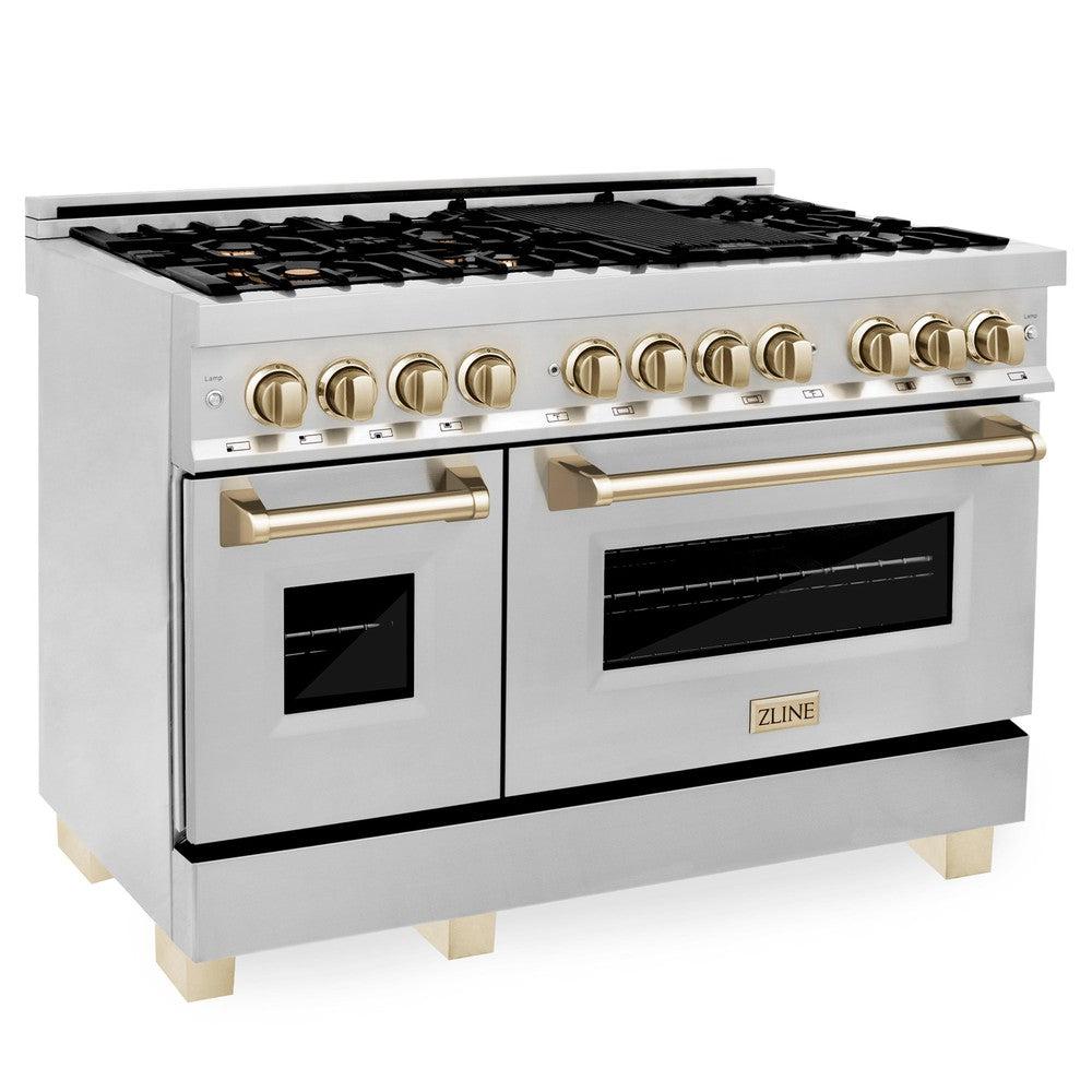 ZLINE Autograph Edition 48-inch Stainless Steel Kitchen Package - Dual Fuel Range, Range Hood, Dishwasher & Refrigerator with External Water Dispenser & Polished Gold Accents | Luxury Kitchen Appliances for Modern Homes & Professional Chefs