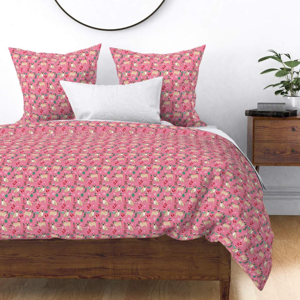 Custom Pug Dogs Christmas Duvet Cover - King/California King Size Cotton Sateen Bedding Set with Cute Holiday Xmas Design (Pink Stockings, Candy & Snowflakes Print) - Perfect for Festive Bedroom Decor & Cozy Winter Nights