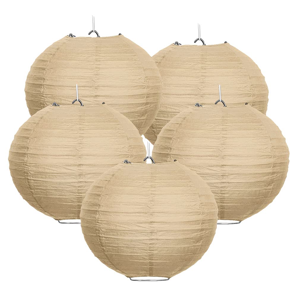 Wirester 5 Pack 14 Inch Tissue Paper Lanterns - Elegant Cream Light Brown Wedding Party Decorations for Birthday, Baby Shower & Home Decor | Perfect for Indoor/Outdoor Events & Festive Celebrations